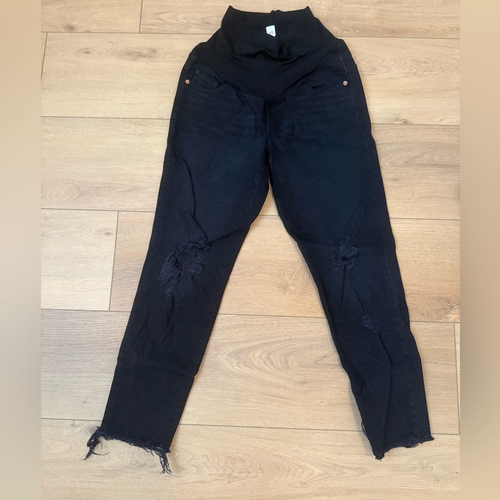Old Navy Maternity OG Straight full panel, black distressed denim size 6